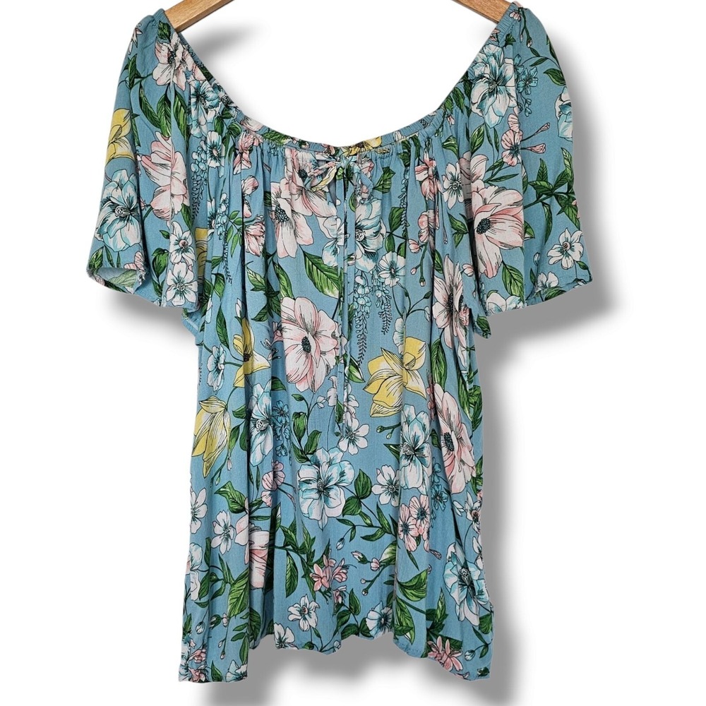 Torrid Off-Shoulder Top‎ Size 2 2X Blue Floral Short Sleeve Lightweight Flowy